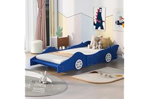 Harper & Bright Designs Twin Size Race Car-Shaped Platform Bed with Wheels, Wooden Platform Bed Frame with Support Slats, Twin Floor Bed for Kids Boys Girls Teens,Blue