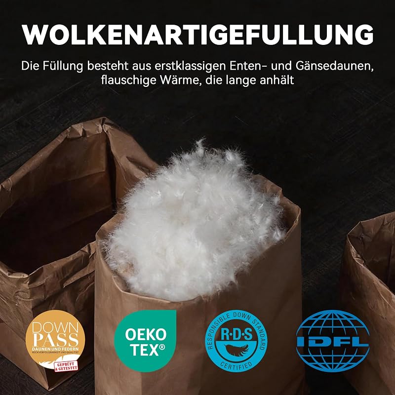 - Daunen Bettdecke I Daunendecke 155x220 I 100% extra weiche Federn & Daunen | Oeko-Tex, RDS Zertifiziert für Tierwohl (155 x 220 cm, Leichte Sommerdecke) — Foto 3 von 4