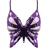 Mocure Womens Glitter Sequin Butterfly Crop Top Low-Cut Tank Top Rave Tube Vest Top for Belly Dance Costume Outfits