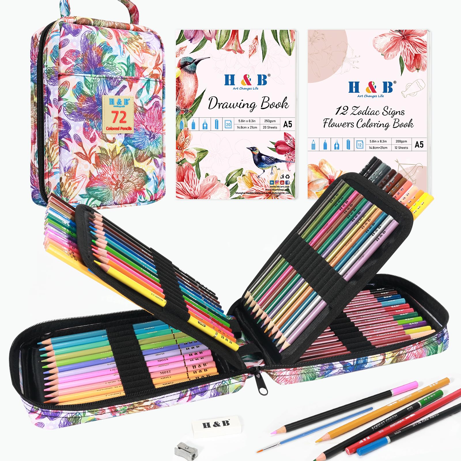 H & B 72Pcs Colouring Pencils Set, Art Supplies with Drawing Book,Colouring Book, Soft Core Coloured Pencils for Artists Adults Sketching, Shading and Doodling, Portable Zipper Case — image 1