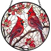 FUGWN Cardinal Bird Stained Glass Window Hanging, Red Cardinal Flower Sun Catchers Indoor Window Round Glass Wall Art Decor, Bird Suncatcher Wall Hanging Decorations, Gardening & Lawn Care