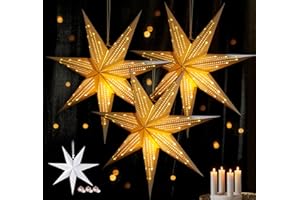 HOUISM 3Pack Paper Star Lantern with Fairy String Lights (90LED/4.5M/3PCS), Light up Hollow Out Star Hanging Decoration or Indoor Wedding Birthday Holiday Party Home Window Decor