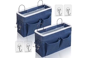 Kanrichu 2pcs Middle Wall Hanging Organizer Bag, Linen Fabric Door Hanging Storage Basket with Pockets, Waterproof Bin for Kitchen, Bedroom, Office, RV Camper (Blue)