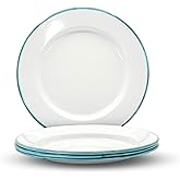 Red Co. Set of 4 Enamelware Metal Classic 10" Round Dinner Plate, Solid White/Teal Rim
