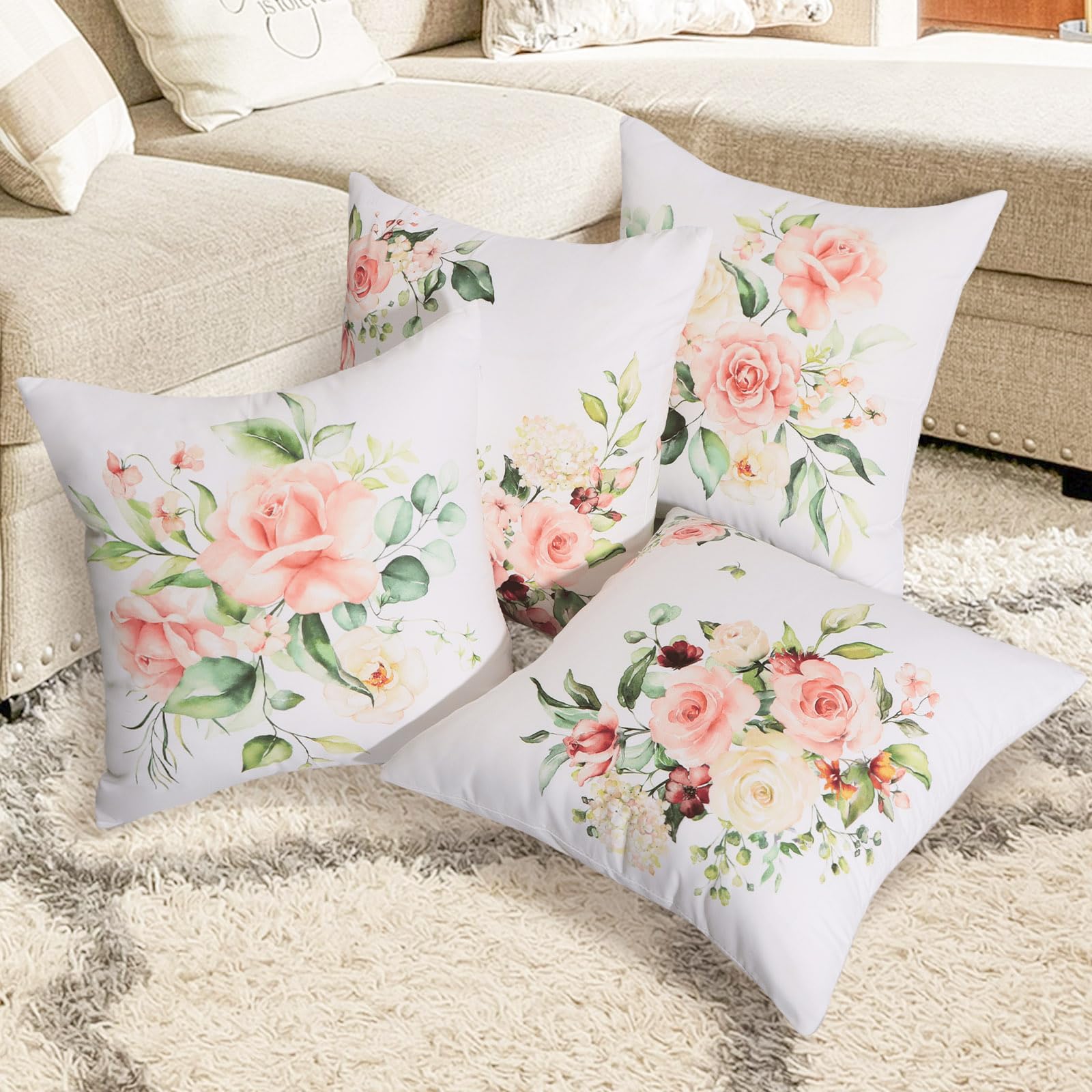 Betadistor Pillow Protectors 4 Pack 18x18 Inches Furniture Decorative Throw Pillow Case for Home Office Sofa Bedroom Car Garden Double Sided Printing, Big Flowers, 501-0012