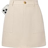 Kate Kasin Women's Linen Mini Skirt Skorts with Pockets, High Waisted A Line Skirt, Summer Skirts with Shorts Underneath