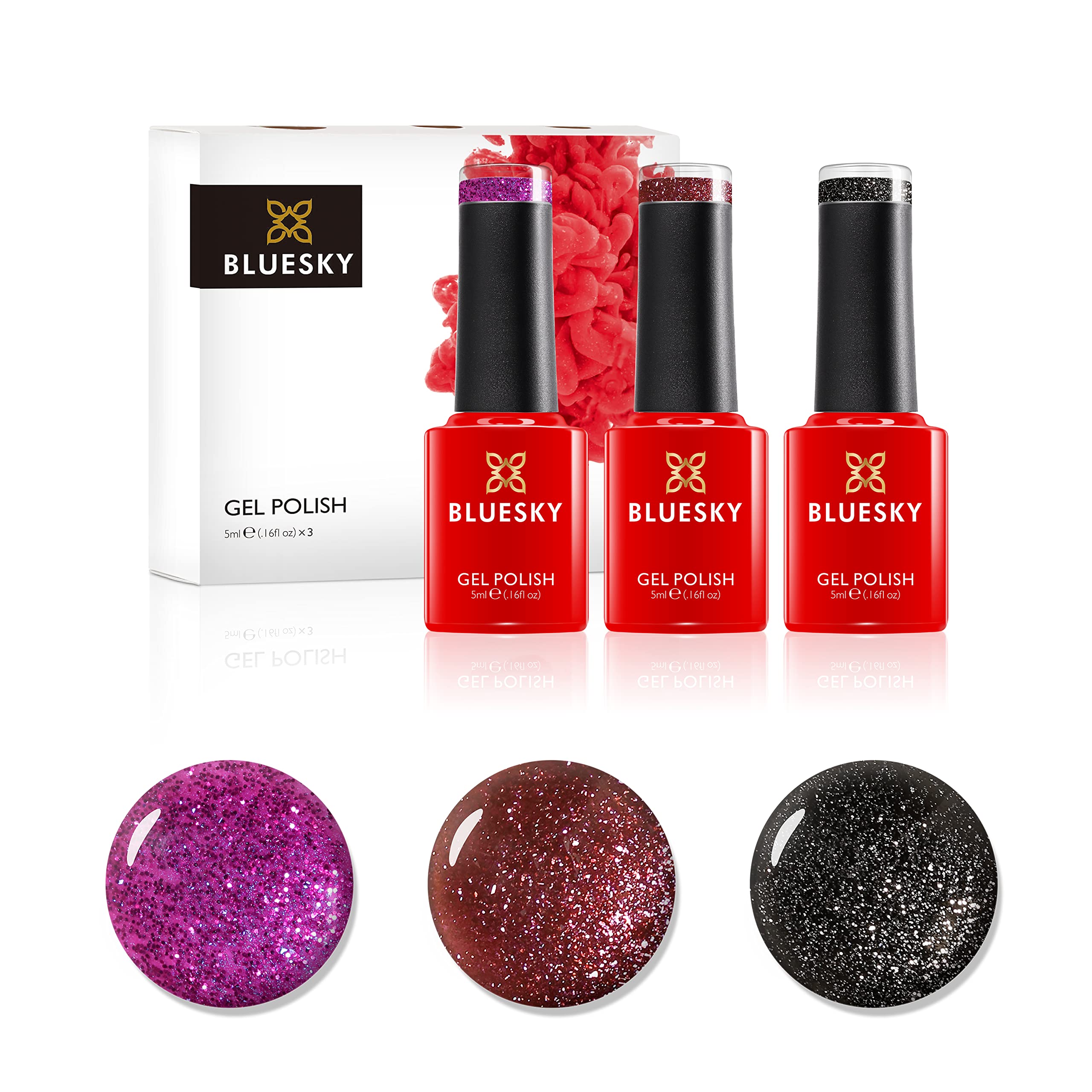 Bluesky Gel Nail Polish Set, Crystal Purple, Abyss VIP03, Butterfly Queen 80602, Maroon Cherry JQ10, 3 x 5 ml, (Requires Curing Under UV or LED Lamp)