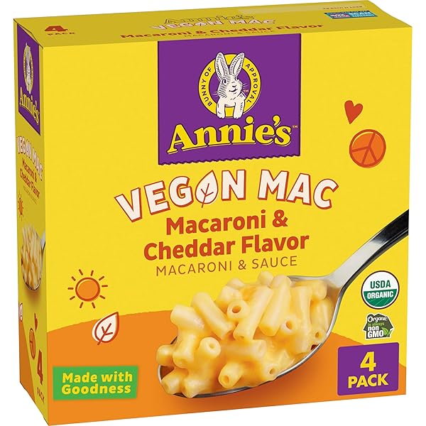 ANNIE’S VEGAN MAC AND CHEDDAR FLAVOR SAUCE, VEGAN MACARONI AND CHEESE MADE WITH ORGANIC PASTA, 4 CT, 24 OZ
