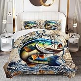 OUIXOTIC Bass Big Fish Comforter Set for Kids Boys Queen Size, Nautical Hunting and Fishing Pattern Bedding Sets, 3Pcs Vintage Wooden Comforter Soft Decor Underwater Animals Theme Quilt Set