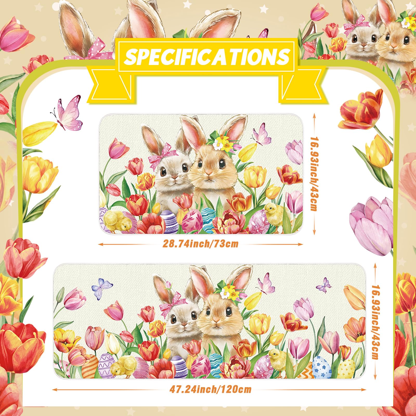 Tinideya Easter Bunny Kitchen Rugs and Mats Set of 2 Rabbit Egg Non Slip Floor Kitchen Mats Spring Colorful Home Decor Welcome Doormat for Spring Easter Home Decorations, 17x29 and 17x47 Inch - Image 4