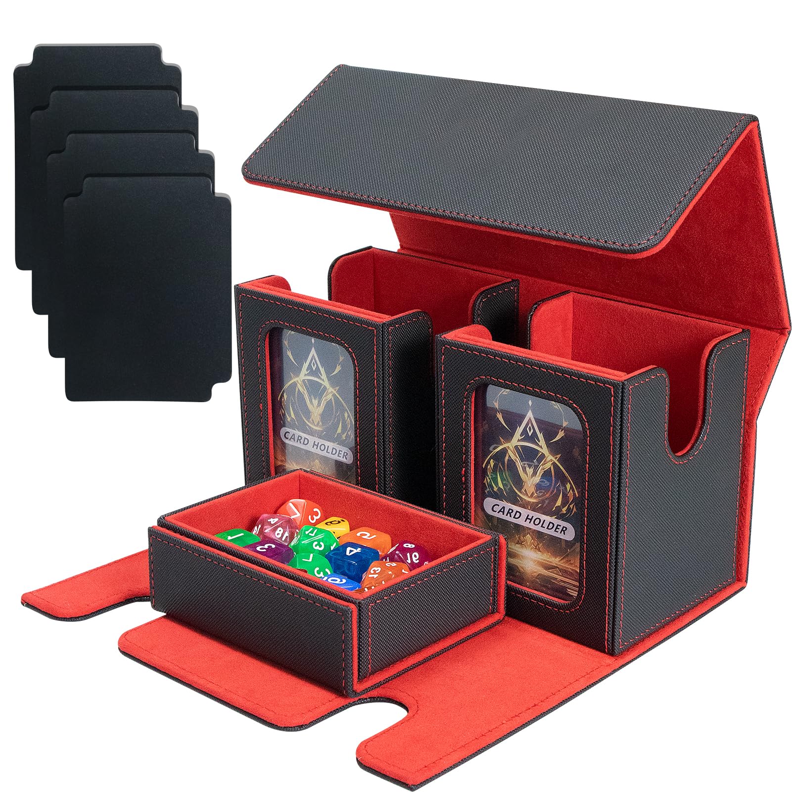 2 Detachable MTG Deck Box with Display Window & Dice Tray, Strong Magnet PU Leather, MTG Magic Commander Deck Box, Fits for MTG/CCG/TCG（Black&Red)