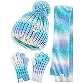 Kids Winter Beanie Gloves Scarf Set,Girls Toddler Winter Hat With Pom Neck Warmer Gaiter Mittens Fleece Lined Set