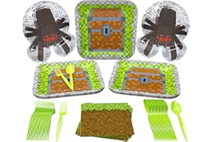 Blue Orchards Mining Fun Dinner and Spider Shaped Plates Pack (For 16 Guests) - Gamer Party Supplies, Gamer Birthday Decorations, Mining Craft Party Supplies, Gamer Birthday Party