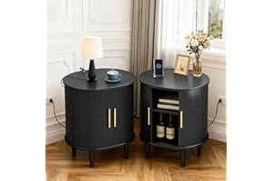 DHH Mid Century Modern Nightstand Set of 2 with Charging Station, Fluted Accent Side Table with Sliding Door & Adjustable Shelf, End Table for Small Space, Living Room, Bedroom,Sofa Couch, Black