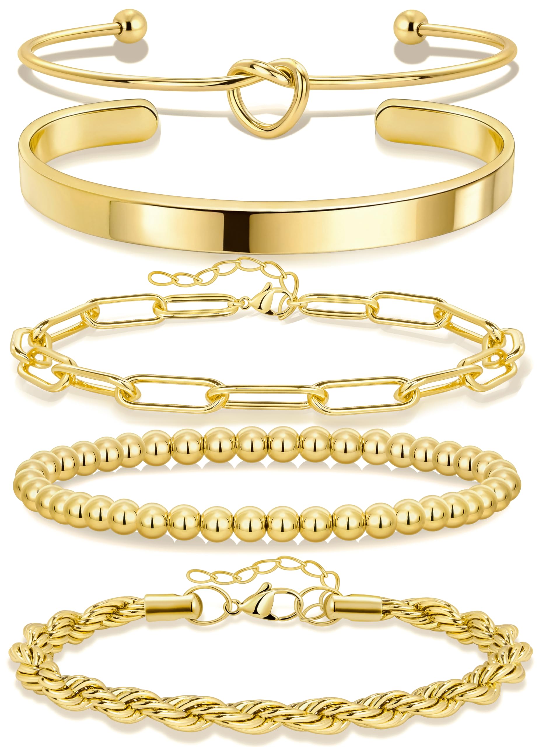 Gokeey Christmas Gold Bracelets for Women Non Tarnish, 14K Gold Plated Chunky Cuff Bracelet Stackable Gold Bangles Bracelet for Women Trendy Tie Knot Cuban Rope Paperclip Beaded Bracelet Stack Jewelry Stocking Stuffer Gifts Fashion Accessories