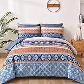WONGS BEDDING Boho Comforter Set Queen, Blue and Orange Bedding Set 7 Pieces Bed in a Bag Bohemian Striped Bedding Comforter Sets Soft Microfiber Comfortet and Sheet Set for All Season