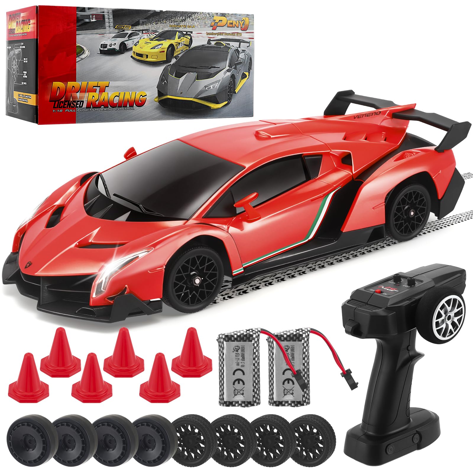 Lamborghini RC Drift Car, 1:18 2.4GHz Remote Control Car with LED Lights for Kids Adults, 4WD High Speed RC Cars with Extra Drifting Tires, 35KM/H Racing with Speed Adjustment for Race, Toy Gift