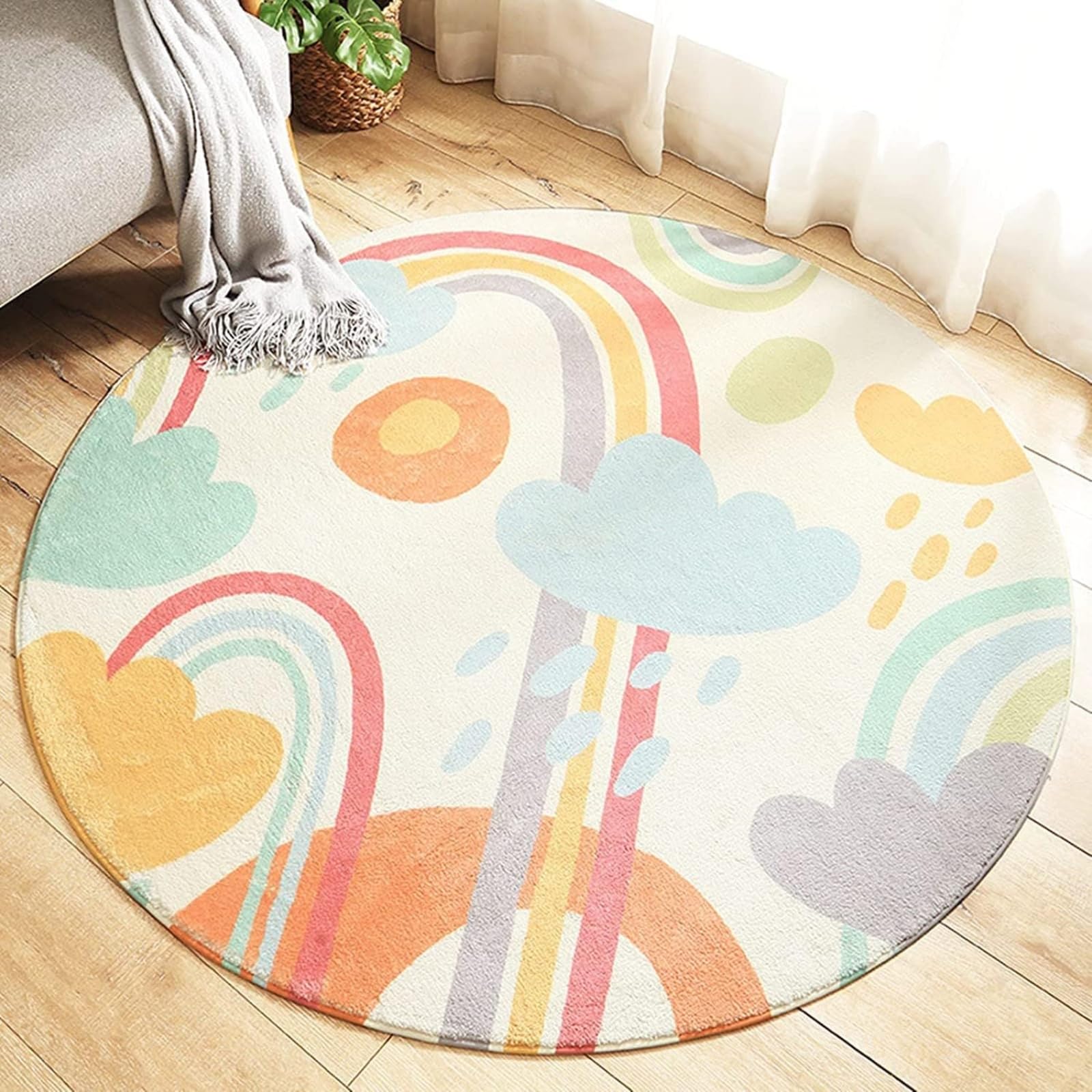 USTIDE Rainbow Round Area Rug Soft Girls Living Room Rug Non Slip Bedroom Rug Foldable Washable Soft Floor Carpet for Girls Bedroom Playroom Nursery Room 120x120 cm