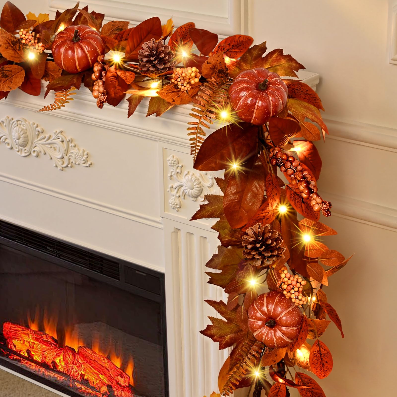 Photo 1 of Waipfaru Fall Decor, 1 Pcs Fall Garland for Mantel, 6 FT Garland with Lights, Artificial Autumn Leaves Pumpkin Vine for Table Centerpiece, for Thanksgiving Day, Mantel Dinner Fireplace Decoration