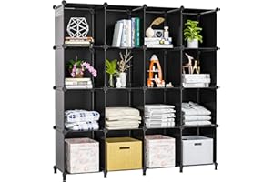 Neprock 16 Cubby Storage Organizer, Closet Clothes Storage Organizer, Cube Shelves Closet Organizers and Storage Shelves for Clothing Storage with Hammer, Bookshelf for Kids（Black）