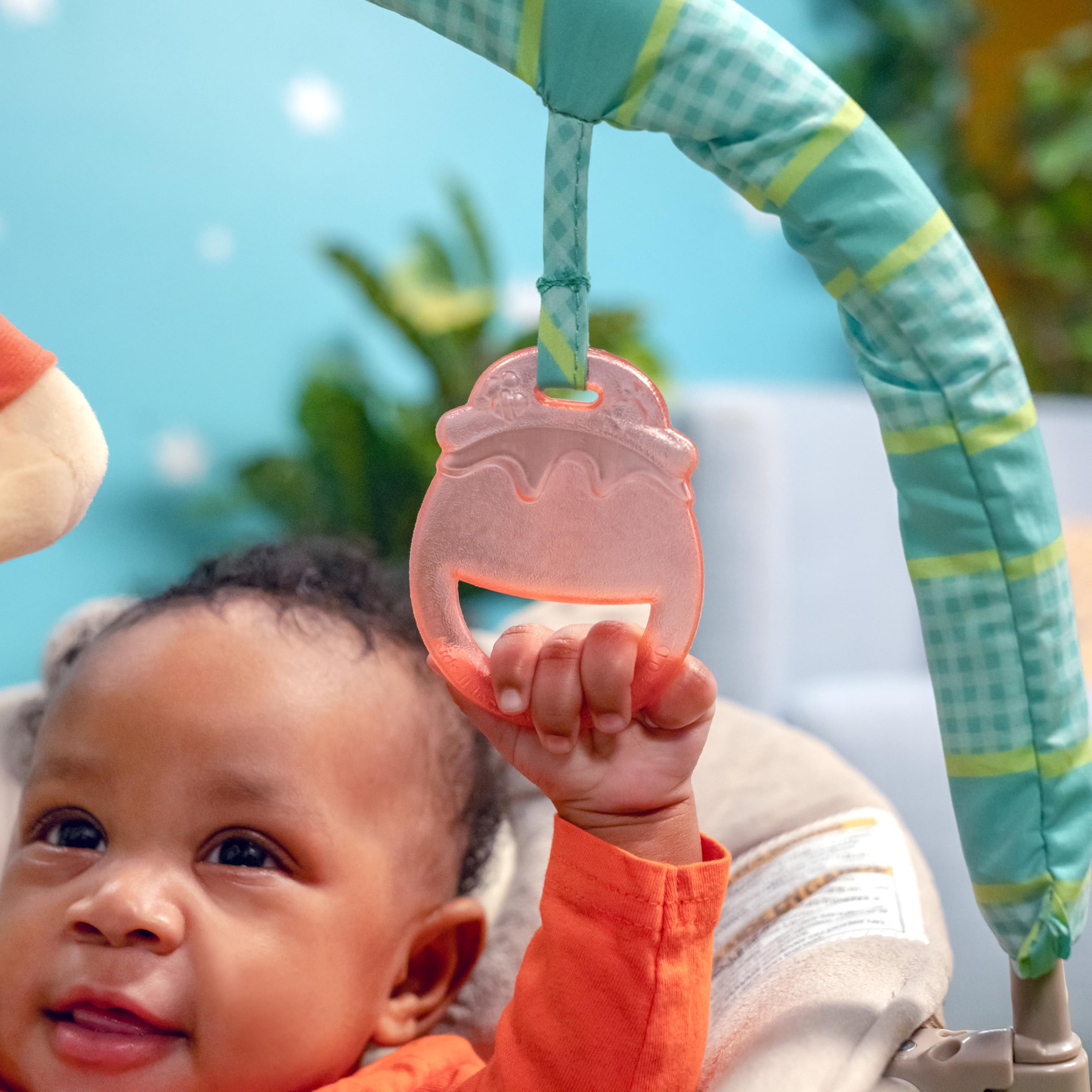 Bright Starts Disney Baby Winnie The Pooh Baby Bouncer Soothing Vibrations Deluxe Infant Seat - Faux Suede, Music, Removable -Toy Bar, 0-6 Months 6-20 lbs (Dots & Hunny Pots)