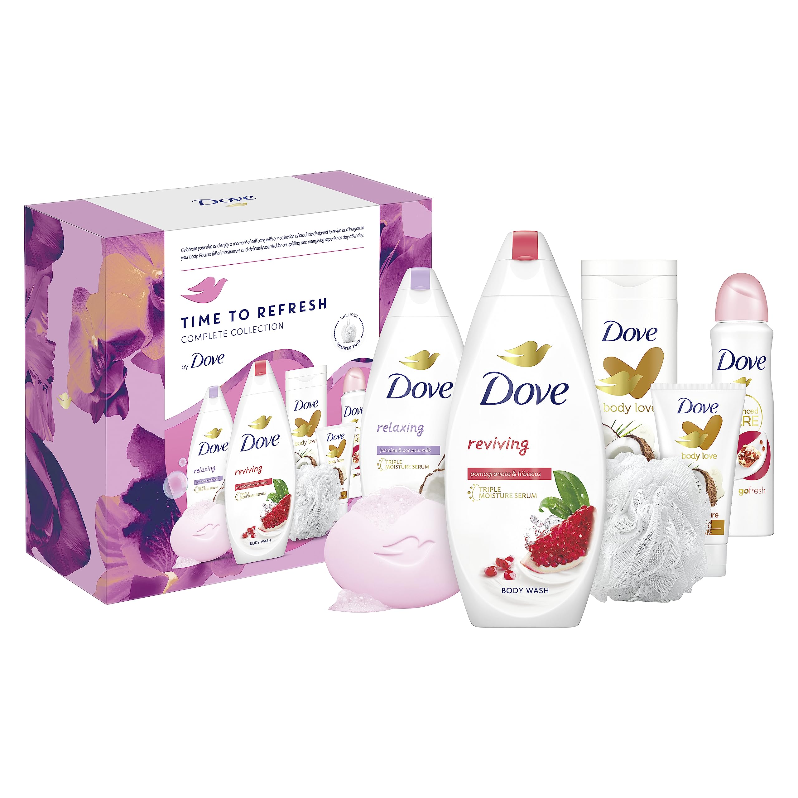 Dove Time to Refresh Complete Collection Gift Set with a luxury shower puff perfect gifts for her 6 piece