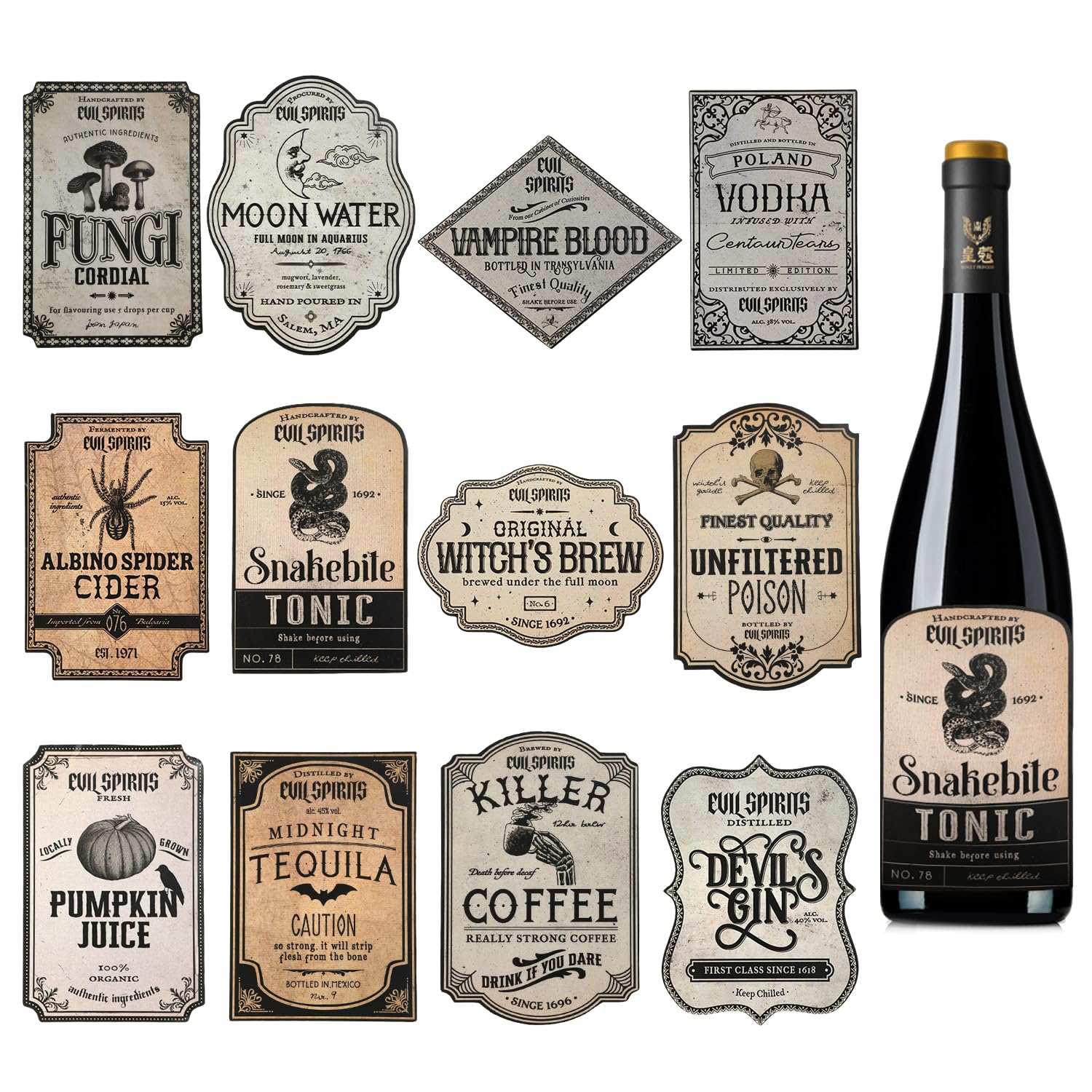 36pcs Halloween Wine Bottle Labels, Waterproof Wine Labels Potion Bottle Labels Stickers Apothecary Decals Wine Bottle Stickers for Halloween Party Decor