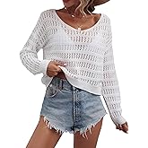 SHENHE Women's Crochet Hollow Out Drop Shoulder Scoop Neck Long Sleeve Sweater Top