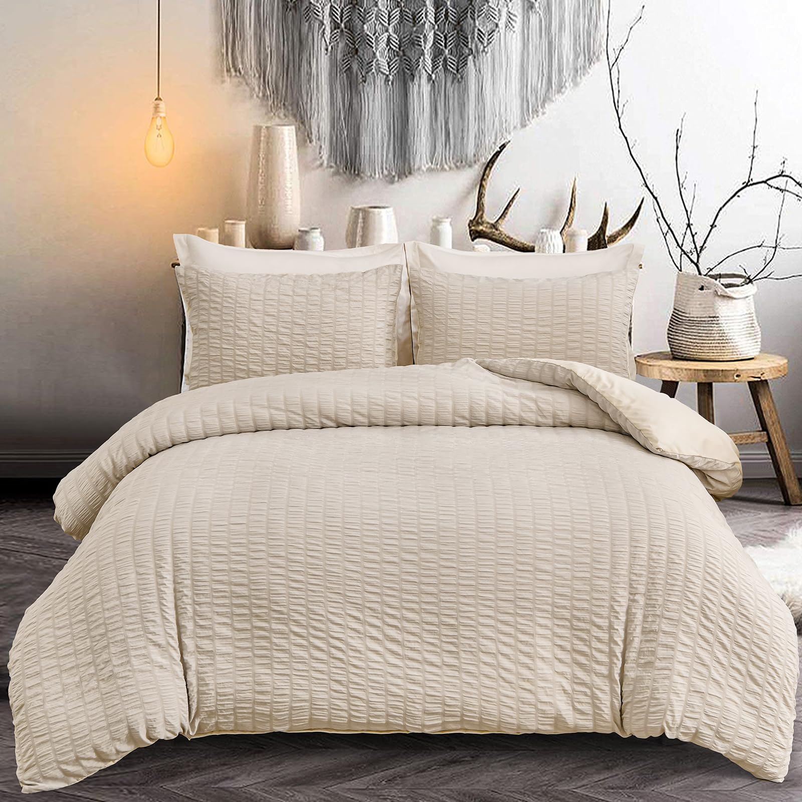 Beige Seersucker Bedding Set King Size Puckering Seersucker Cream Duvet Cover Set,Soft Microfiber,2 Pillowcases and Zipper Closure,220×230cm