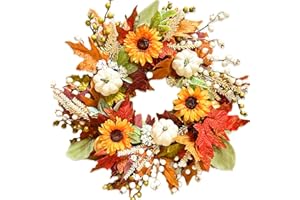 Lotus Hills Fall Wreaths for Front Door, 20 Inch Fall Door Wreath with Sunflowers Pumpkins, Autumn Wreath Farmhouse Door Wall Decorations, Outdoor Fall Wreath Thanksgiving Décor, Front Door Wreath