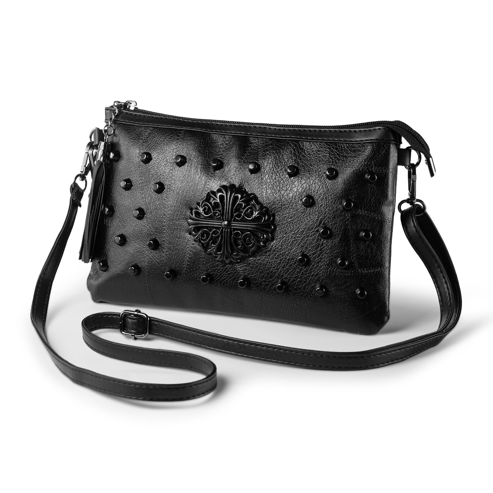 LaRechor Mini Small Handbags Shoulder Bag for Women - Tassel Studded Cross Body Bag - Soft Leather Clutch Purse Bag with Wrist Strap (Black)