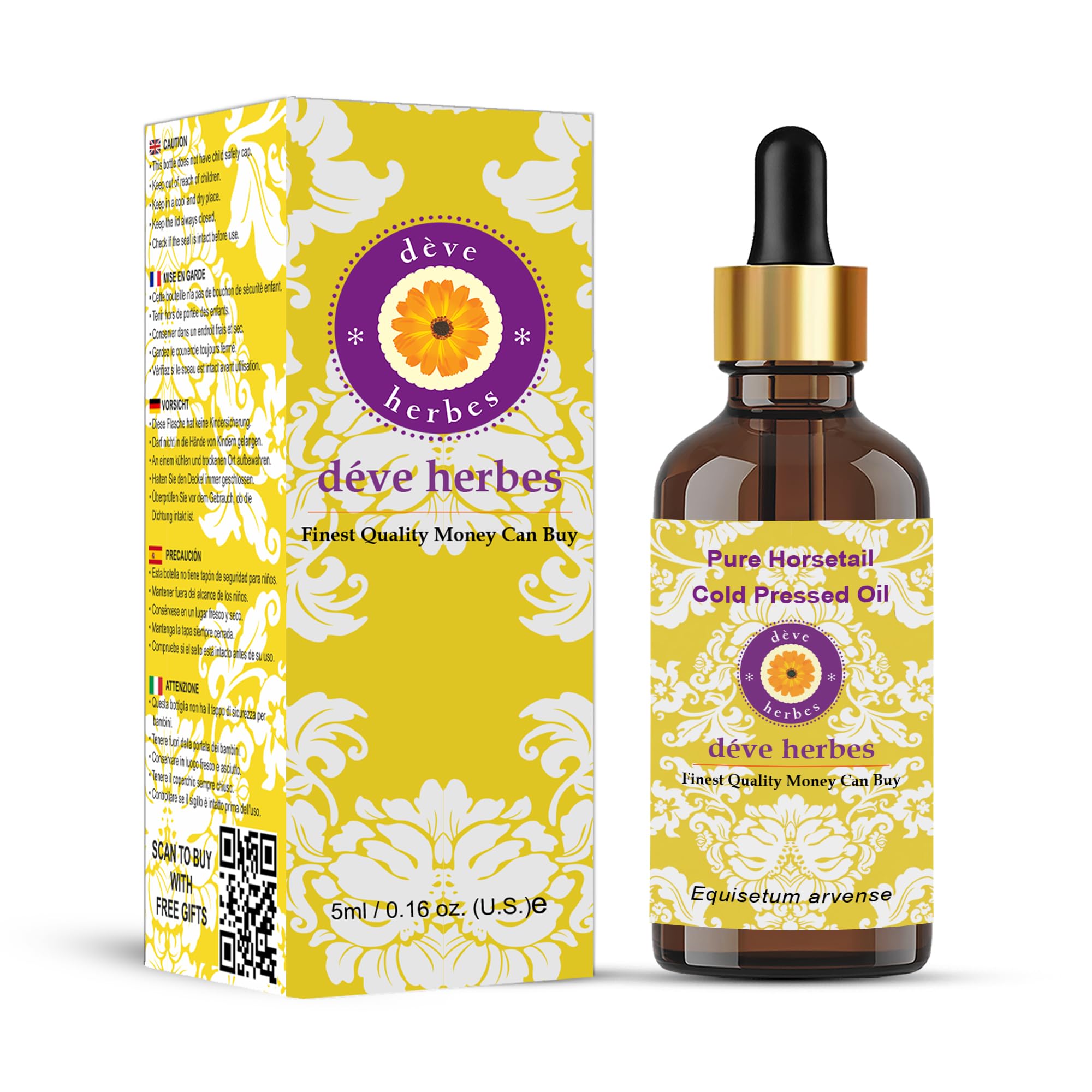 Deve Herbes Pure Horsetail Oil (Equisetum arvense) with Glass Dropper Cold Pressed Pale Yellow 5ml (0.16 oz) with Glass Dropper