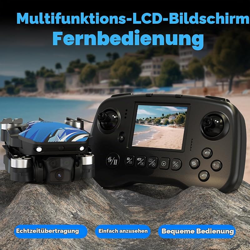 Drohne mit Kamera LCD-Bildschirm Live Video, Drone mit Bürstenlosem Motor, 270°-Hindernisvermeidung, 3D Flips, Zusammenklappbarer RC Mini Quadcopter für Erwachsene Anfänger, Unter 250G, Geschenk