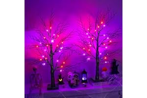 HUYAMAP Halloween Decorations Indoor 2 Pack 24 Inch Black Halloween Tree with 48 Orange & Purple Lights, USB or Battery Operated Halloween Table Decorations Lighted Tabletop Spooky Tree Home Decor Office