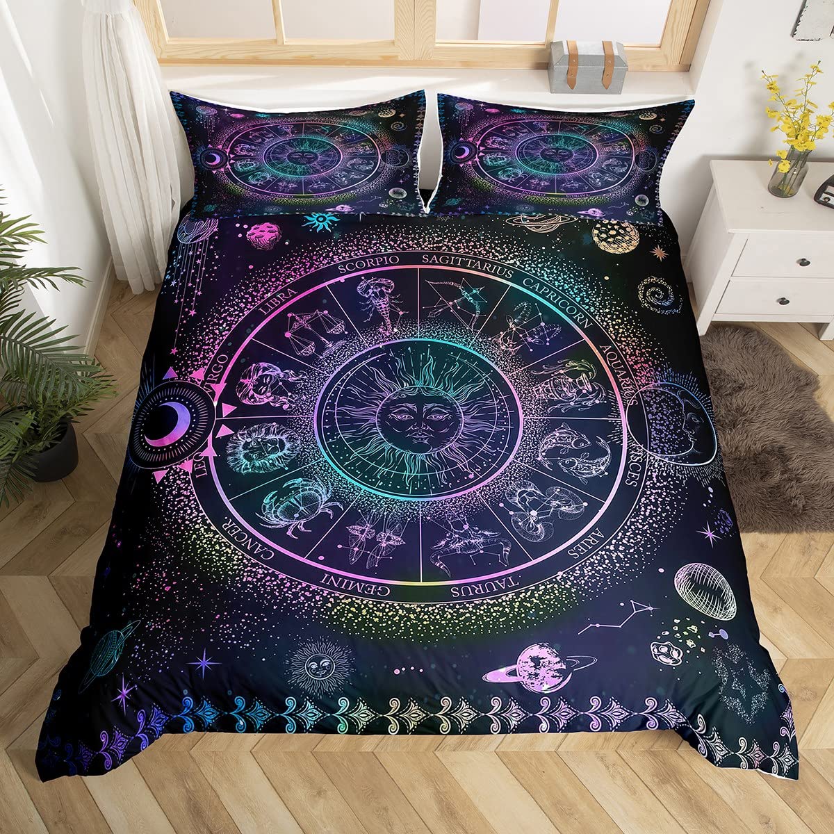 richhome 3 Pieces Constellation Duvet Cover for Teens,Sun and Moon Bedding & Linen Boho Exotic Style Black and Purple Bedding Set King Size,Tribal Galaxy Astrology Bedding Decor Ultra Soft — image 1