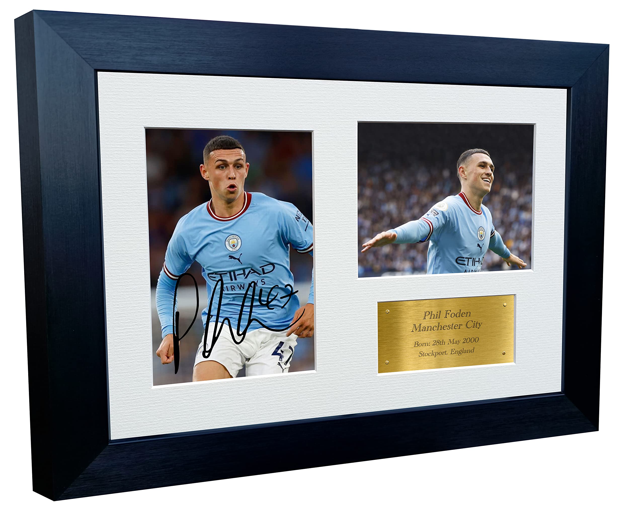 12x8 A4 Phil Foden Manchester City Triple Autographed Signed Photo Photograph Picture Frame Football Soccer Poster Gift Gold