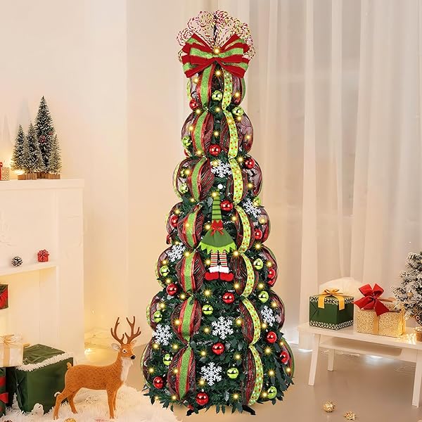 MARTINE MALL 6FT WHIMSICAL POP UP CHRISTMAS TREE WITH 8 MODE 180 WARM LIGHTS, COLLAPSIBLE FOLDABLE CHRISTMAS TREE PULL UP FULLY DECORATED XMAS TREES WITH 117PCS CHRISTMAS ORNAMENTS FOR INDOOR OUTDOOR