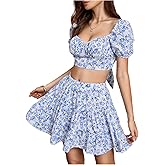 Floerns Women's 2 Piece Outfit Floral Ruched Bust Crop Top Layered Ruffle A Line Skirt Set