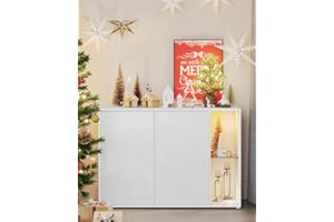 SONGMICS HOME Storage Cabinet, Superfast Toolless Assembly, Accent Buffet Cabinet with Lighting and Glass Shelf, Sideboard for Living Room, Snow White UBBK372W02