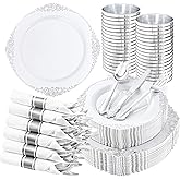 Hioasis 210pcs White and Silver Plates - White Party Plates for 30 Guest, Include 60 Heavy-duty Plates(20% Thicker Than Standard), 30 Pre Rolled silver Plastic Silverware Set, 30 Cups