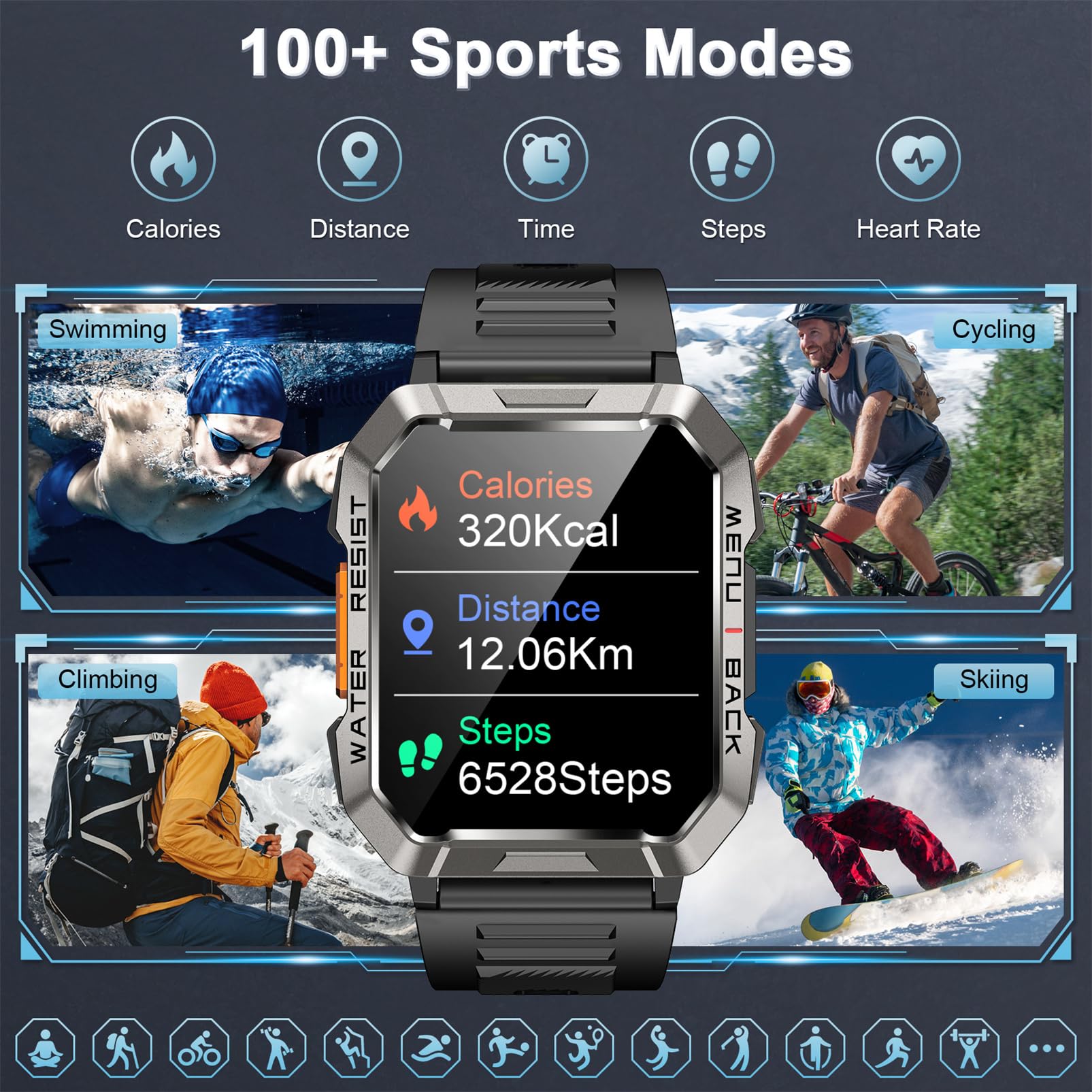 Smartwatch Men Military, 100 Days Battery Life/LED Flashlight/Compass/2 Wristbands/IP68 Waterproof, 100+ Sports Modes Sports Watch, Make/Receive Calls Smartwatch Outdoor Fitness Watch for Android iOS