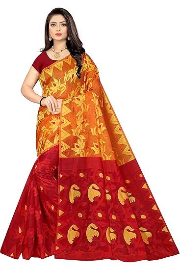 Buy Entaro International Dhakai Jamdani Handloom Woven Pure Cotton Soft Silk Light Weight Half Half Transparent Saree For Women S With Blouse Piece Gold Red At Amazon In