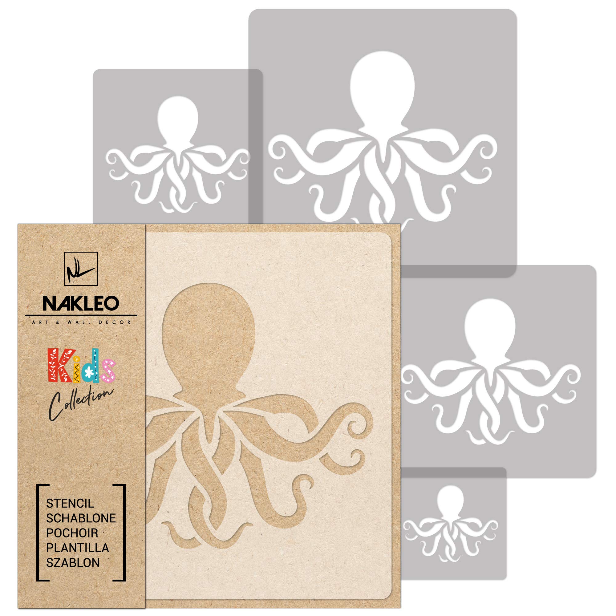 NAKLEO Painting Stencils Set for Nursery Room, 5 Pcs Templates 9x9 to 34x34cm Octopus Marine Animal, Plastic and Reusable Drawing Stencils, Decor, Craft DIY Wall Furniture