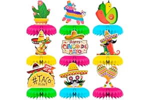 AVIKOSI 9 Pieces Cinco de Mayo Festival Honeycomb Centerpieces Table Decor, Mexican Fiesta Vibrant Cactus, Piñata, Taco and Sombrero Pattern Table Topper Ornaments Signs, Holiday Party Decorations