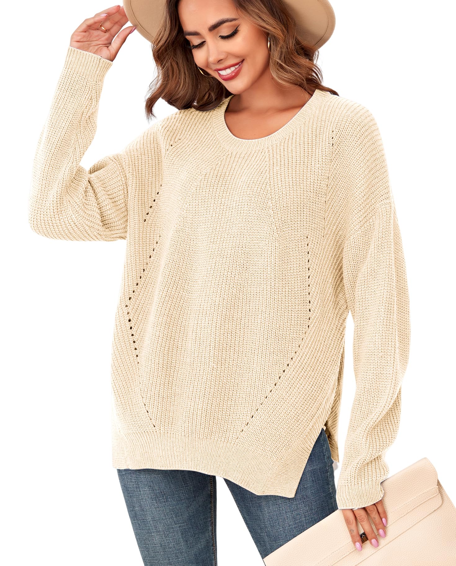 ZAFUL Womens Oversized Sweaters Fall Lightweight Cable Knit V Neck Long Sleeve Causal Pullover Tops