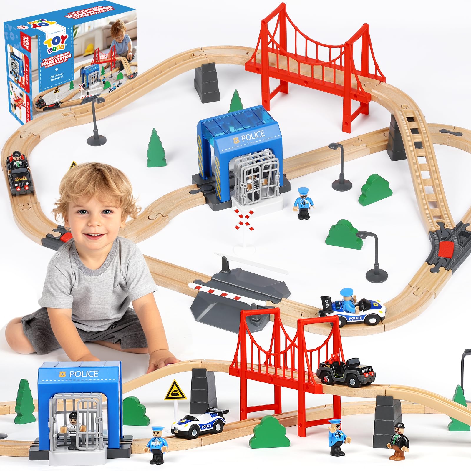 Photo 1 of TOY Life Wooden Train Set for Toddlers 2-4, 56PCS Police Station Train Toys with Wooden Train Track Set, Magnetic Police Car Set, Toys for 3 4 5 6 Year Old Boys Kids, Compatible with Major Brand