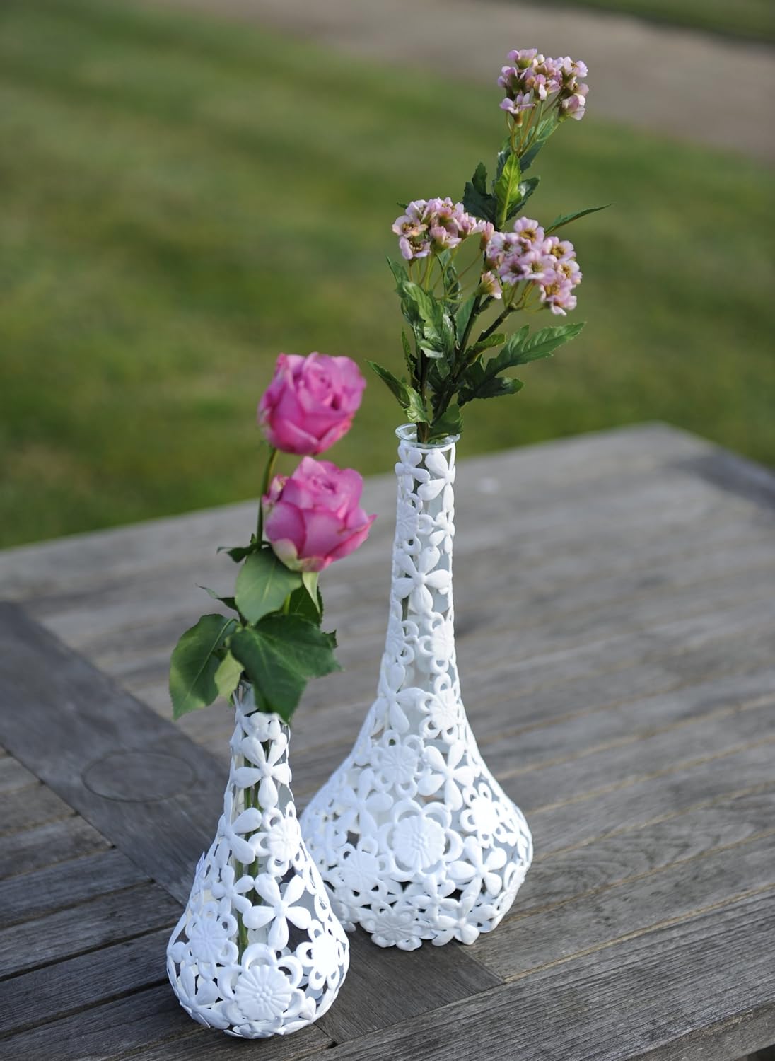 White floral metal lace single stem vases (pair of medium vases