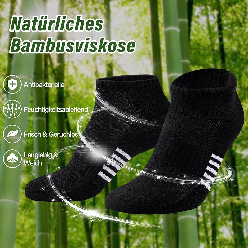 Bambus Sneaker Socken Damen 6/12 Paar, Atmungsaktive Gepolsterte Sportsocken Laufsocken, Anti Schweiß Kurze Socken Damen 39-42 35-38 Bunt, Geschenke für Frauen Sommer, 6 Schwarz 39-42