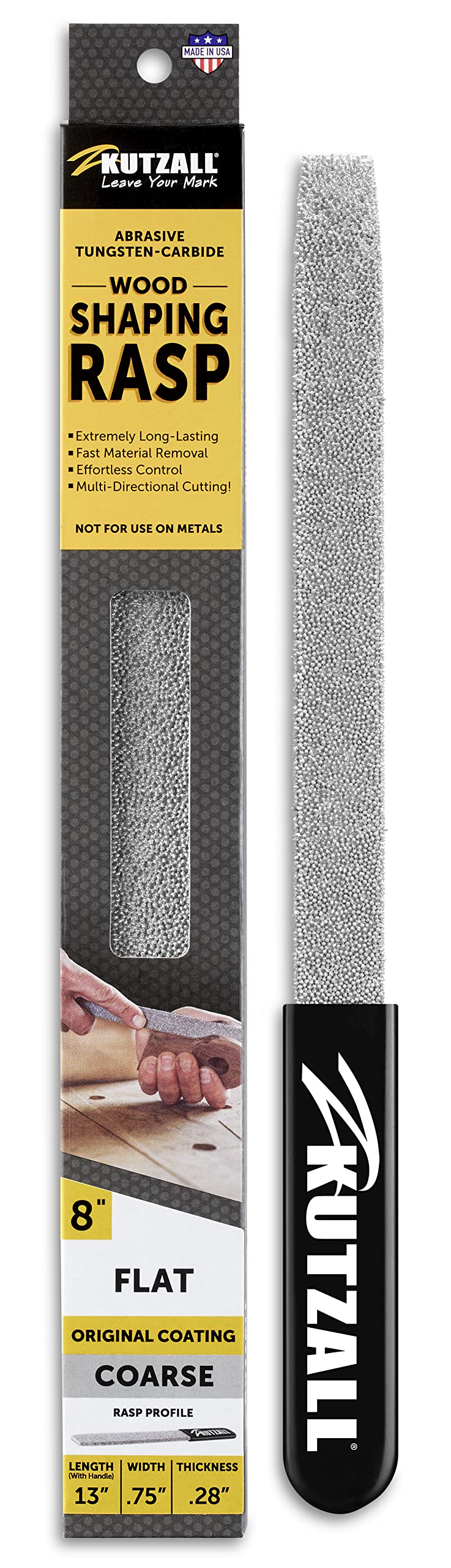 Kutzall Original 8" Flat Hand Rasp - Coarse, Wood Rasp/File used for Woodworking & Shaping, W/Ergonomic Soft Grip Handle, Abrasive Tungsten Carbide Coating - 13" (330.2mm) Overall Length - FT8330
