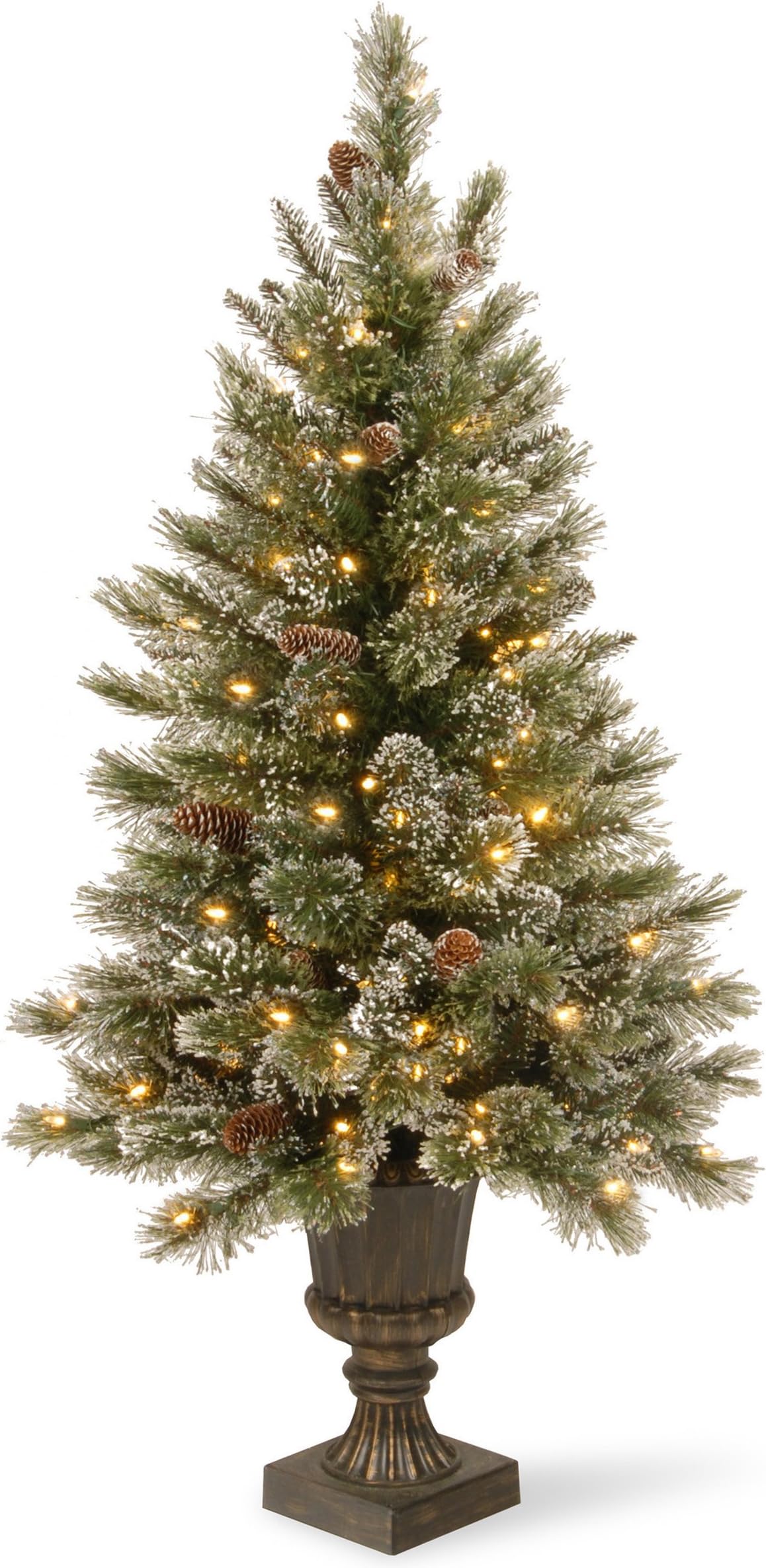 National Tree 5 Foot Glittery Bristle Pine Entrance Tree with Glittered Branches, White Tipped Cones and 150 Clear Lights in Decorative Urn (GB3-306-50)